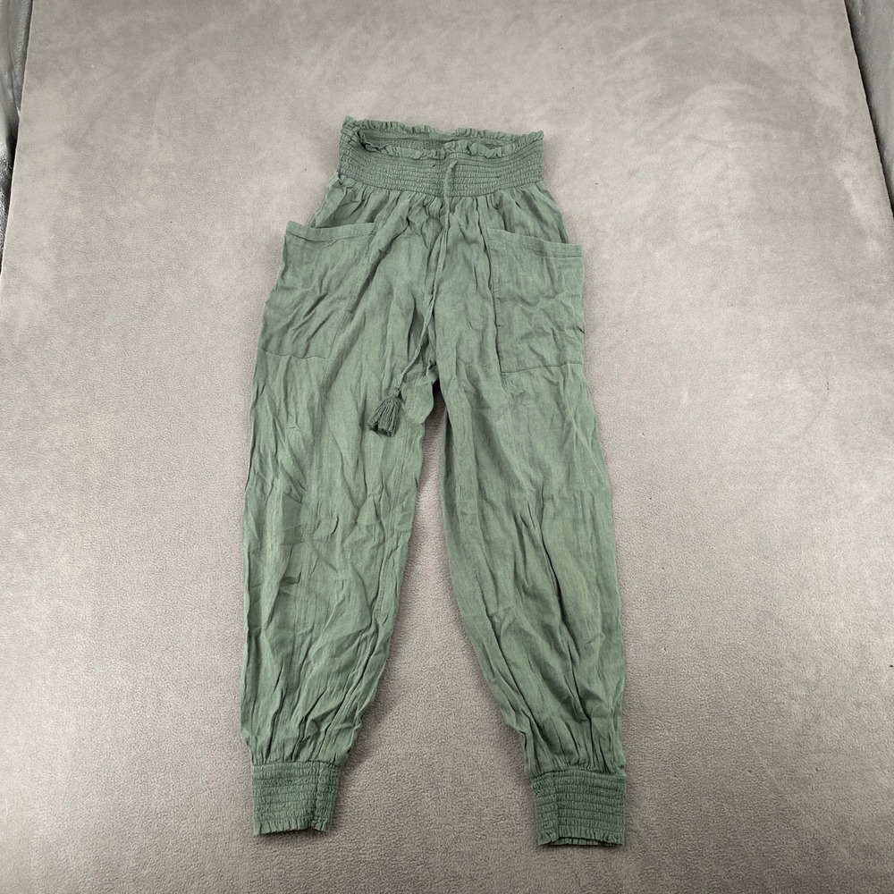 Aerie Sage Green Smocked Paperbag Waist Jogger Pants XS Tassel Pockets